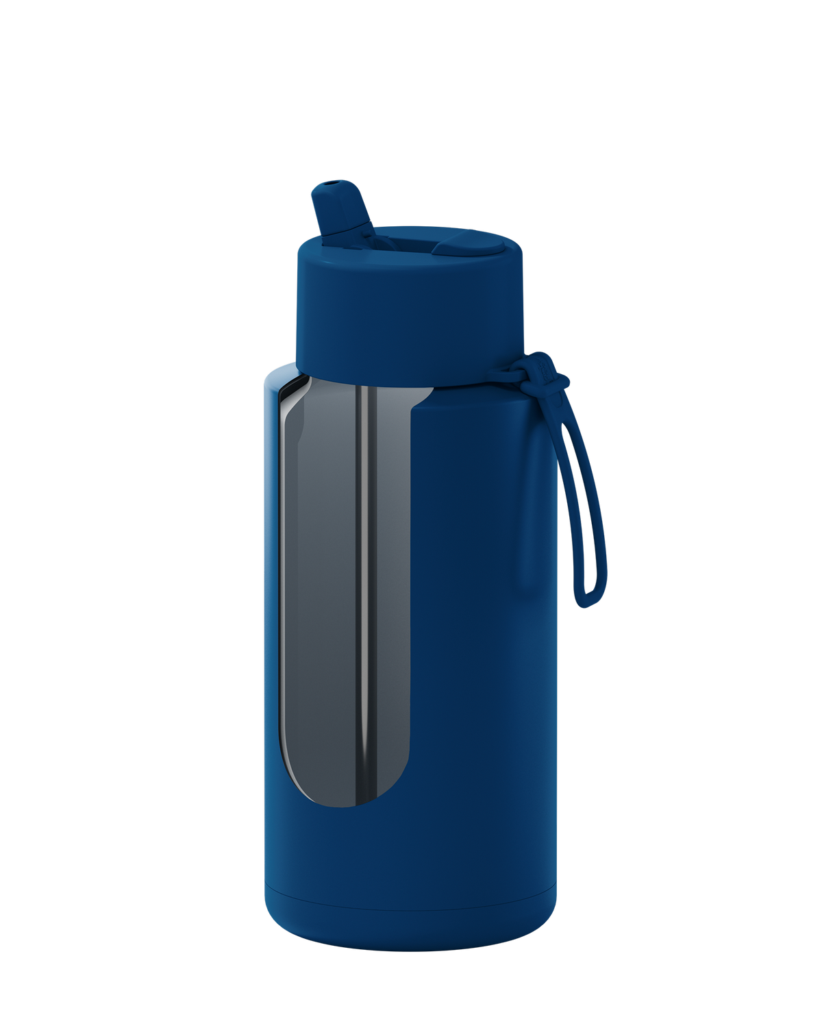 A blue insulated water bottle with a matching blue lid and carrying loop, featuring a large clear window on the front, shown on a plain white background.