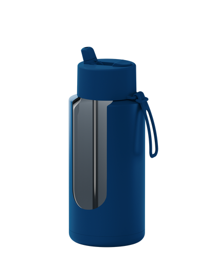 A blue insulated water bottle with a matching blue lid and carrying loop, featuring a large clear window on the front, shown on a plain white background.