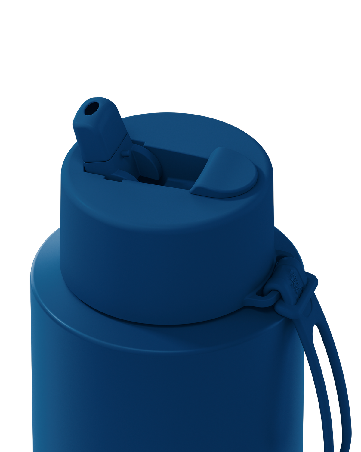 Close-up of a dark blue insulated water bottle showing the flip-top lid and carrying loop against a white background.