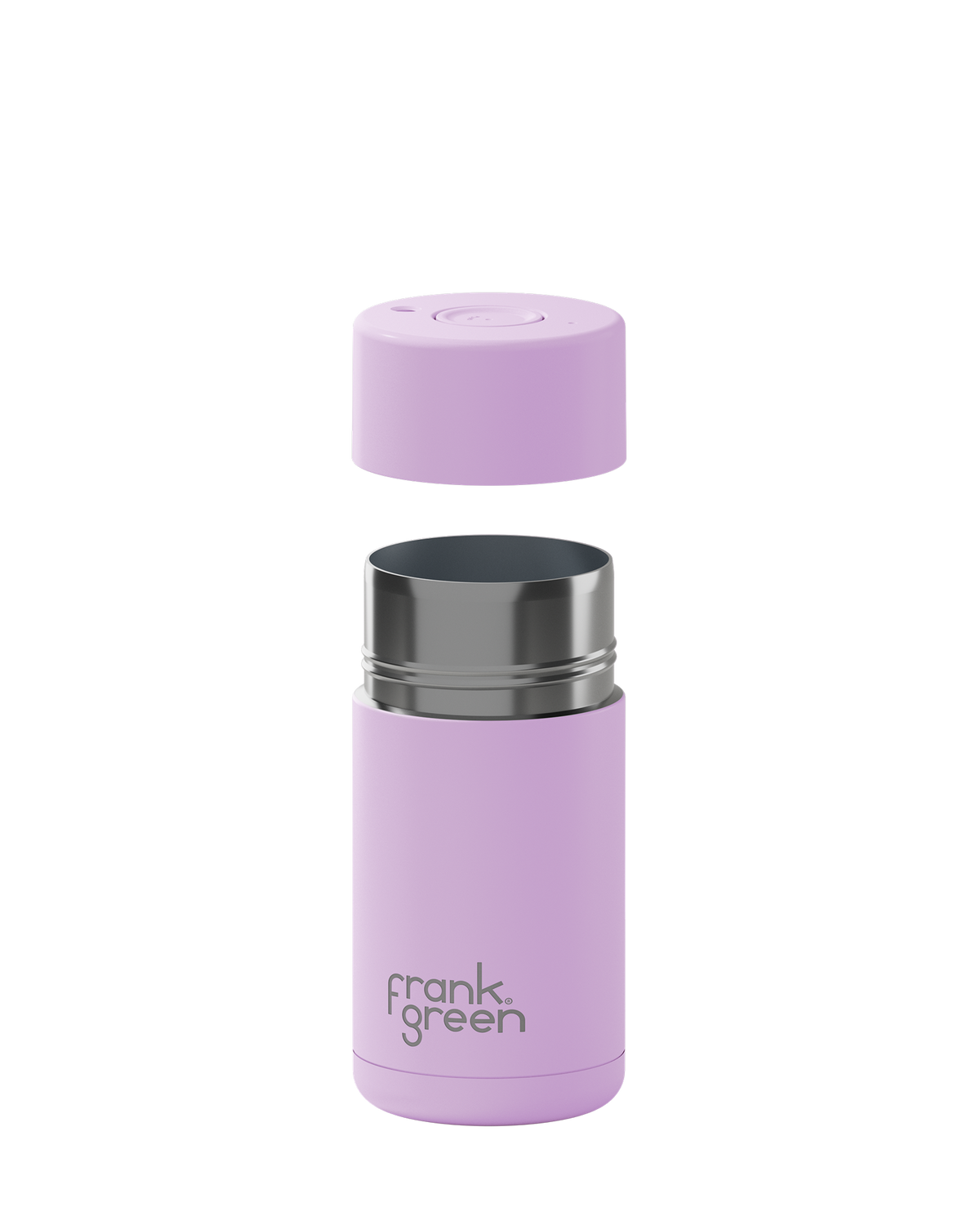 A light purple insulated bottle with its cap removed and floating above the base, showing a stainless steel rim. The bottle features the 'frank green' logo near the bottom and is set against a plain white background.