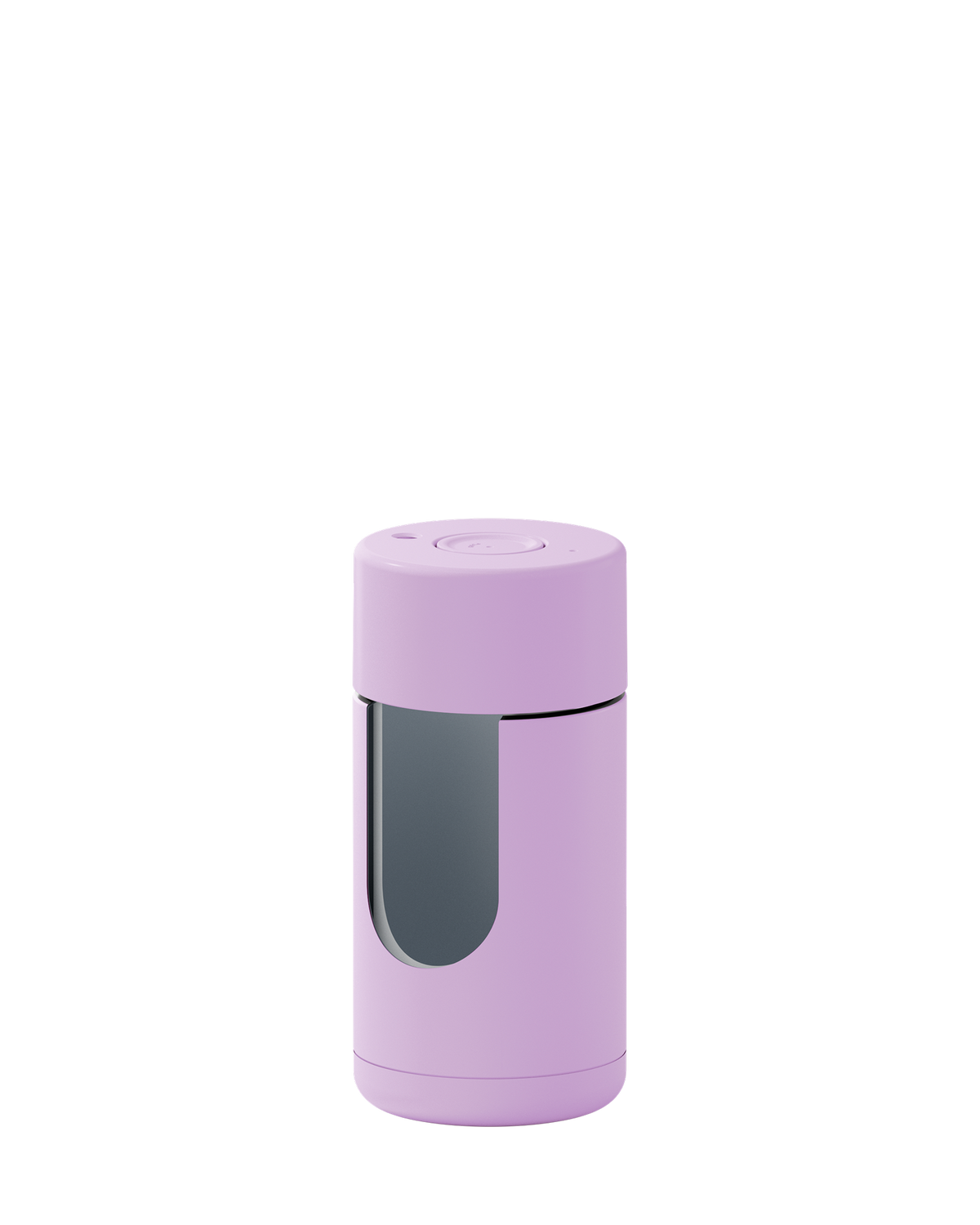 A light purple cylindrical travel tumbler with a matching lid and a dark gray window on the front, shown on a plain white background.