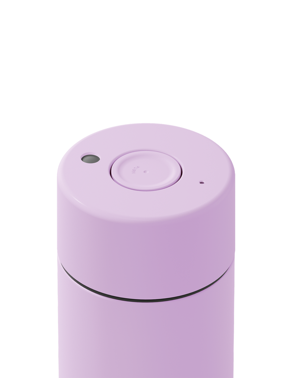 Close-up of the top of a matte lavender cylindrical container, showing a circular lid with a central button and small side openings, on a white background.