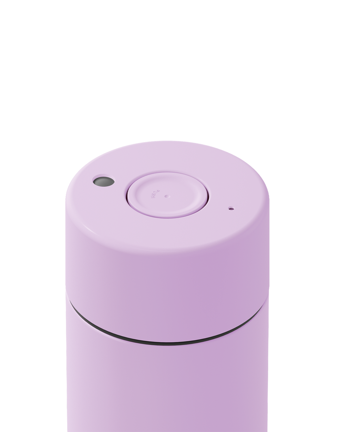Close-up of the top of a matte lavender cylindrical container, showing a circular lid with a central button and small side openings, on a white background.